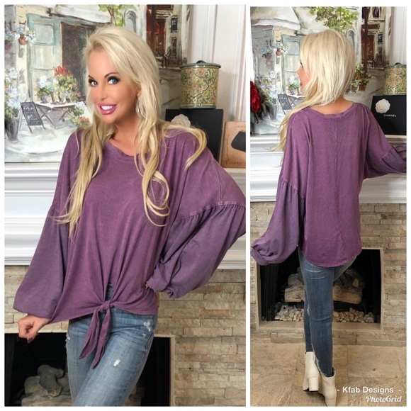 Tops - 💖LAST 1! Mineral Wash Front Tie Ballon Sleeve Top